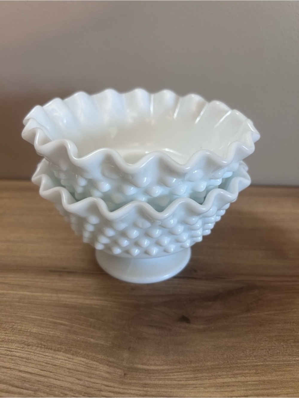 Vintage White Hobnail Ruffled Milk Glass pair candle holders fenton?